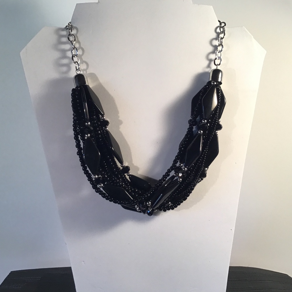 Necklace - Statement Black And Silver Tone Multi Strand Bib Necklace